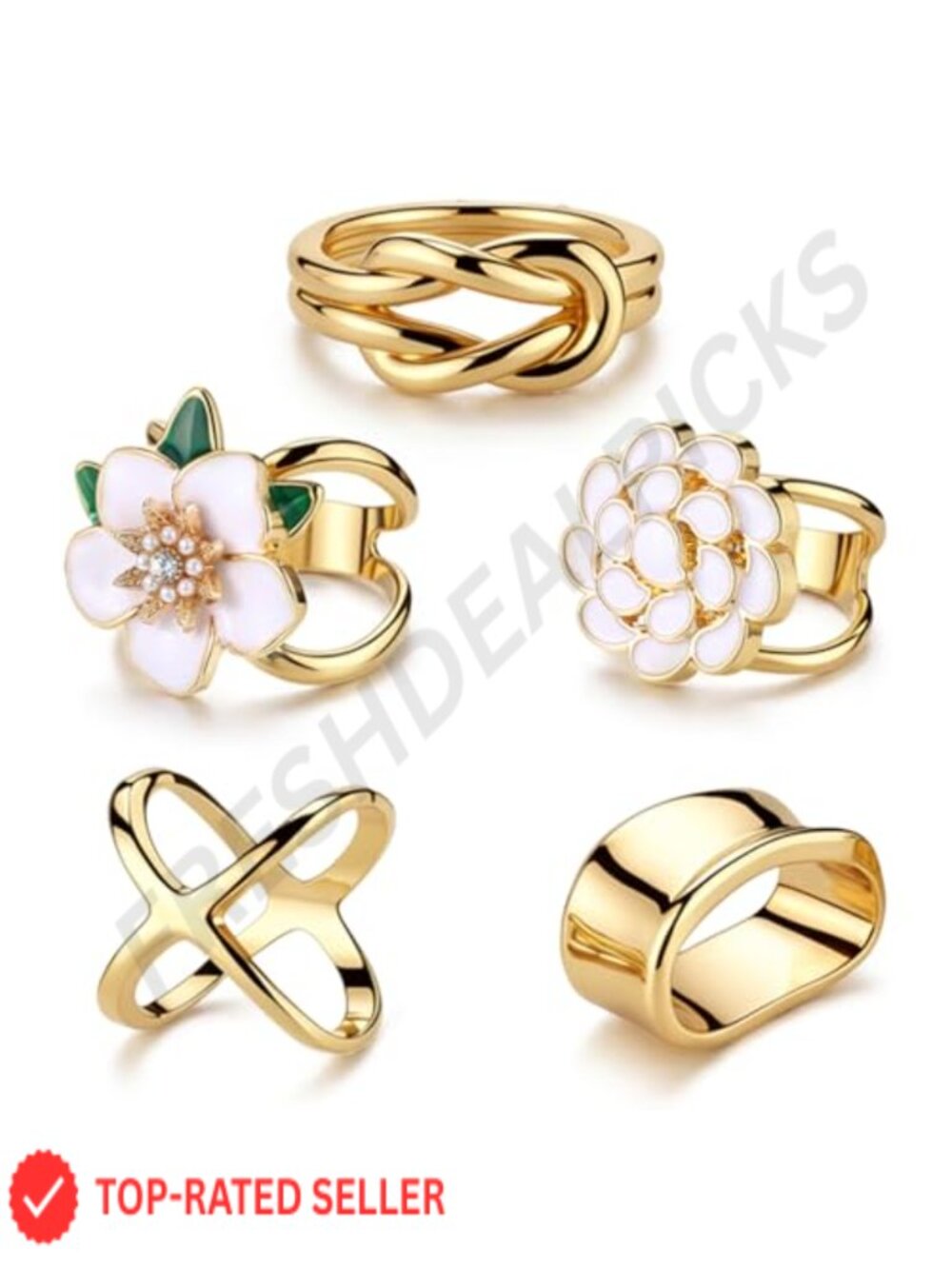 Gold Plated Zinc Alloy Scarf Ring Set 5pc X-Shape Knotted Flower Slide Clips